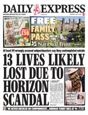 Daily Express front page for 9 July 2025