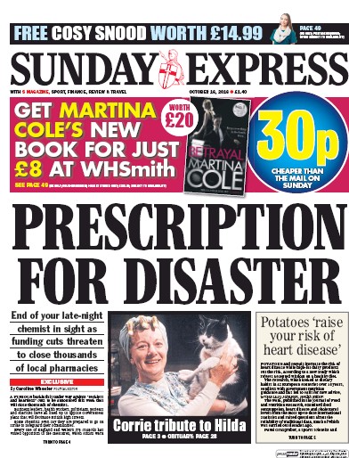 Daily Express Sunday Newspaper Front Page (UK) for 16 October 2016