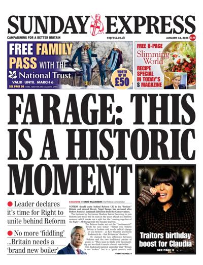 Daily Express Sunday Newspaper Front Page (UK) for 18 January 2026