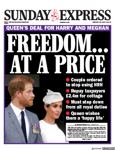 Daily Express Sunday Newspaper Front Page (UK) for 19 January 2020