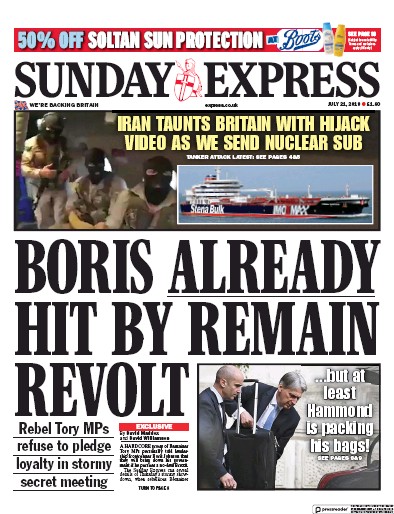 Daily Express Sunday Newspaper Front Page (UK) for 21 July 2019