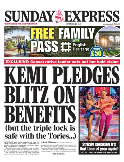 Daily Express Sunday Newspaper Front Page (UK) for 21 September 2025