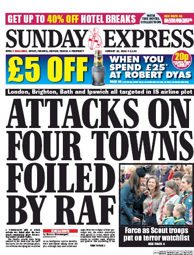 Daily Express Sunday Newspaper Front Page (UK) for 24 January 2016