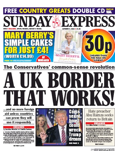 Daily Express Sunday Newspaper Front Page (UK) for 9 October 2016