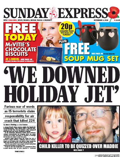 Daily Express Sunday Newspaper Front Page (UK) for 1 November 2015