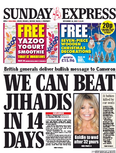 Daily Express Sunday Newspaper Front Page (UK) for 22 November 2015