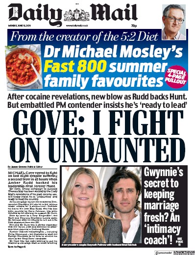 Daily Mail Newspaper Front Page (UK) for 10 June 2019