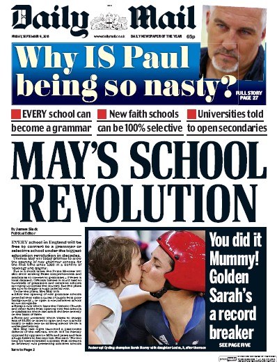 Daily Mail Newspaper Front Page (UK) for 10 September 2016