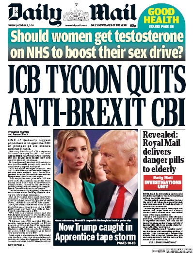 Daily Mail Newspaper Front Page (UK) for 11 October 2016