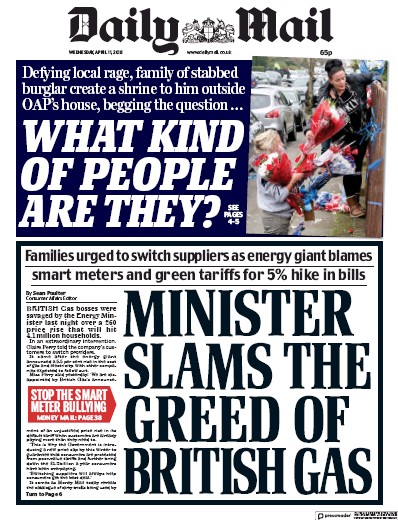 Daily Mail Newspaper Front Page (UK) for 11 April 2018