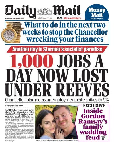 Daily Mail Newspaper Front Page (UK) for 12 November 2025