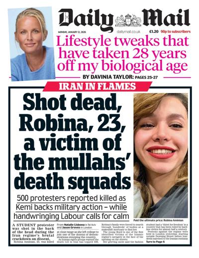 Daily Mail Newspaper Front Page (UK) for 12 January 2026