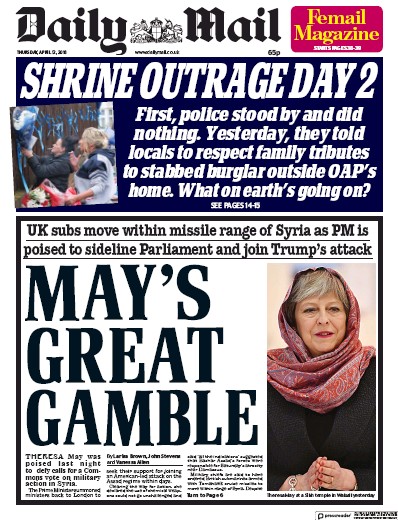 Daily Mail Newspaper Front Page (UK) for 12 April 2018