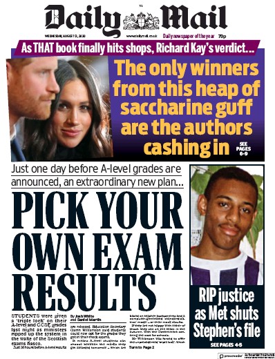 Daily Mail Newspaper Front Page (UK) for 12 August 2020