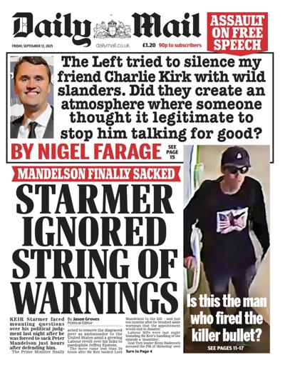 Daily Mail Newspaper Front Page (UK) for 12 September 2025