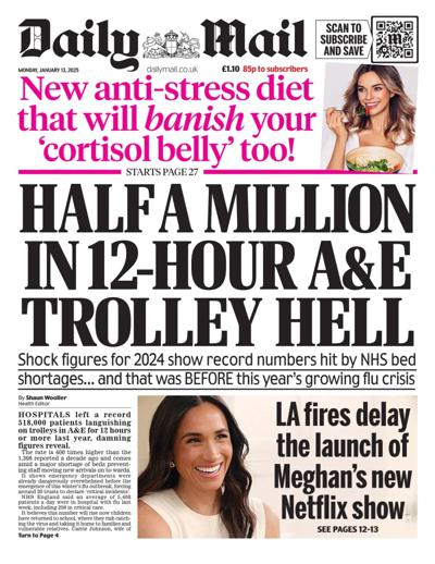 Daily Mail Newspaper Front Page (UK) for 13 January 2025