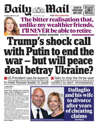 Daily Mail Newspaper Front Page (UK) for 13 February 2025