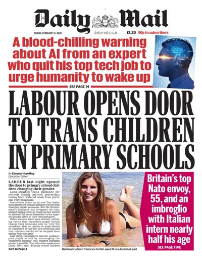 Daily Mail Newspaper Front Page (UK) for 13 February 2026
