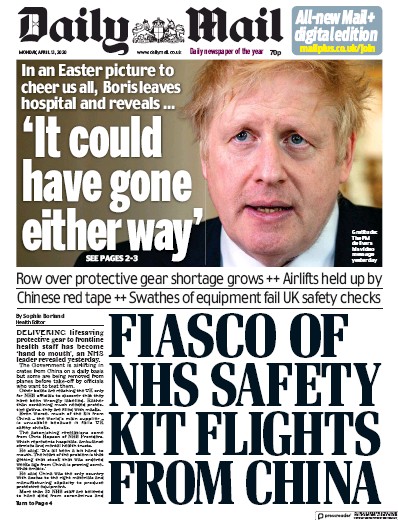 Daily Mail Newspaper Front Page (UK) for 13 April 2020