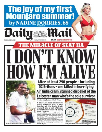 Daily Mail Newspaper Front Page (UK) for 13 June 2025