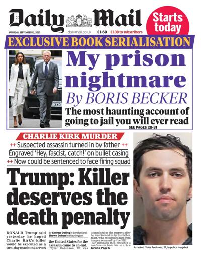 Daily Mail Newspaper Front Page (UK) for 13 September 2025