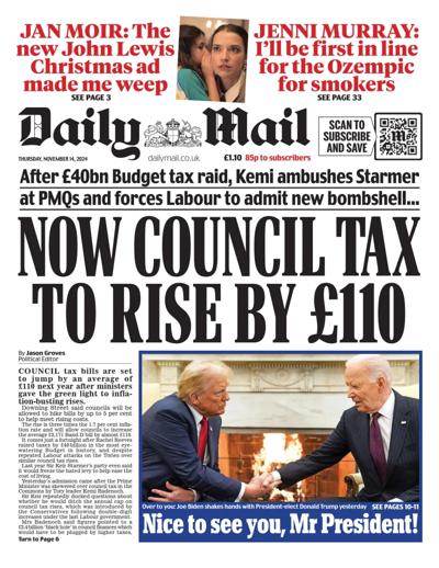 Daily Mail Newspaper Front Page (UK) for 14 November 2024