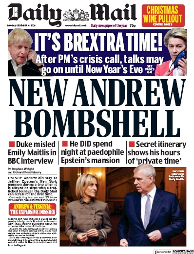 Daily Mail Newspaper Front Page (UK) for 14 December 2020