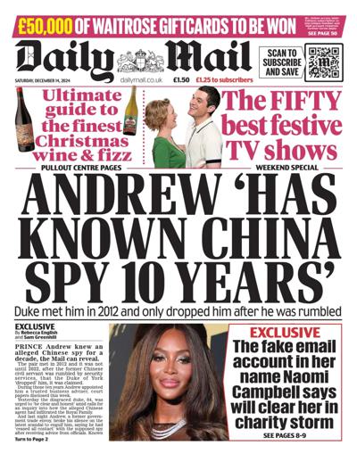 Daily Mail Newspaper Front Page (UK) for 14 December 2024