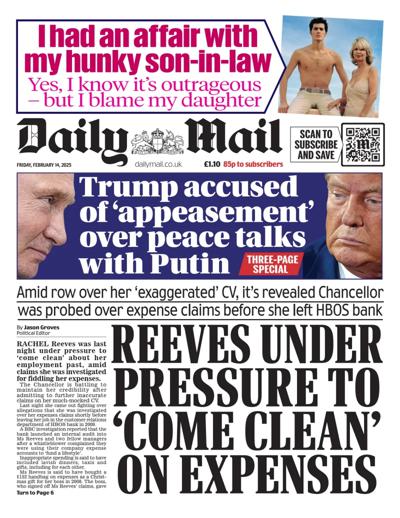 Daily Mail Newspaper Front Page (UK) for 14 February 2025