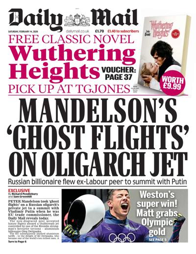 Daily Mail Newspaper Front Page (UK) for 14 February 2026