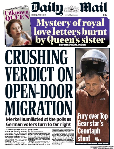 Daily Mail Newspaper Front Page (UK) for 14 March 2016