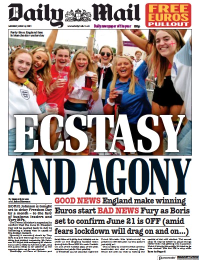 Daily Mail Newspaper Front Page (UK) for 14 June 2021