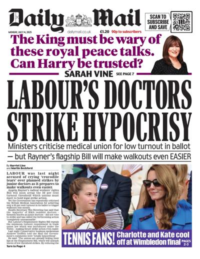 Daily Mail Newspaper Front Page (UK) for 14 July 2025