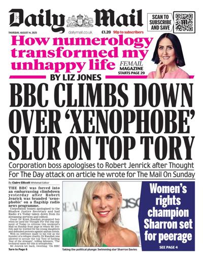 Daily Mail Newspaper Front Page (UK) for 14 August 2025