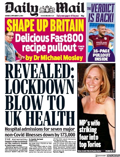 Daily Mail Newspaper Front Page (UK) for 14 September 2020