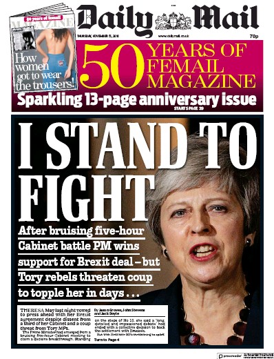 Daily Mail Newspaper Front Page (UK) for 15 November 2018