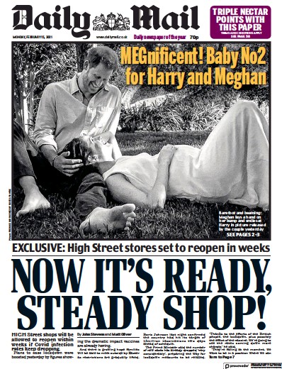 Daily Mail Newspaper Front Page (UK) for 15 February 2021