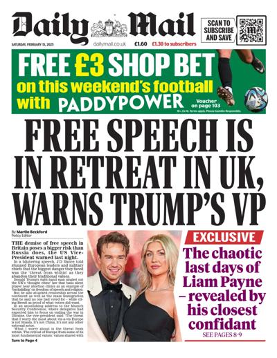 Daily Mail Newspaper Front Page (UK) for 15 February 2025