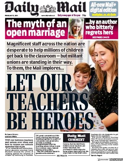 Daily Mail Newspaper Front Page (UK) for 15 May 2020