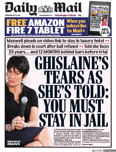 Daily Mail Newspaper Front Page (UK) for 15 July 2020