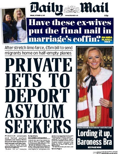 Daily Mail Newspaper Front Page (UK) for 16 October 2015