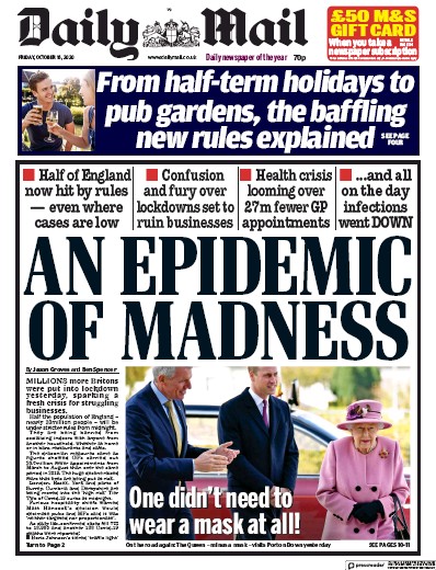 Daily Mail Newspaper Front Page (UK) for 16 October 2020