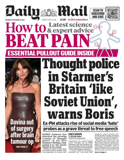 Daily Mail Newspaper Front Page (UK) for 16 November 2024