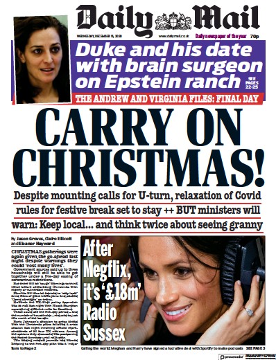 Daily Mail Newspaper Front Page (UK) for 16 December 2020