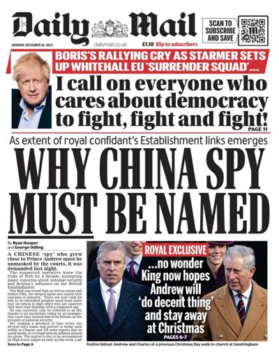 Daily Mail Newspaper Front Page (UK) for 16 December 2024