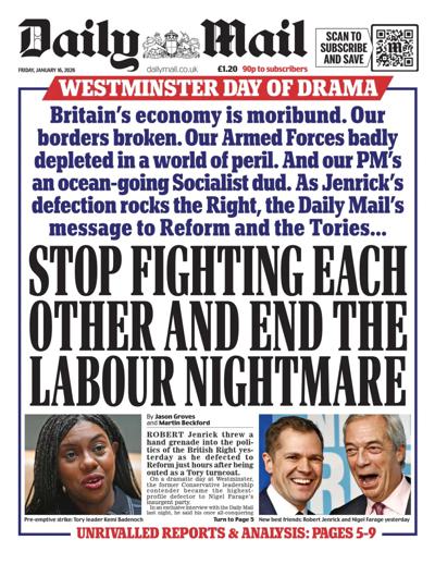 Daily Mail Newspaper Front Page (UK) for 16 January 2026