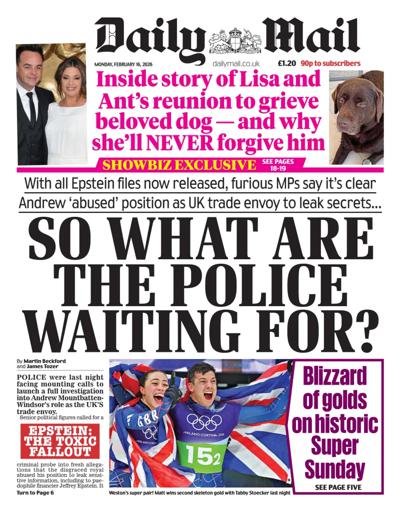 Daily Mail Newspaper Front Page (UK) for 16 February 2026
