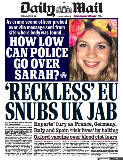 Daily Mail Newspaper Front Page (UK) for 16 March 2021