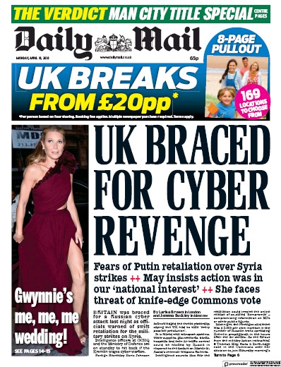 Daily Mail Newspaper Front Page (UK) for 16 April 2018