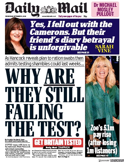 Daily Mail Newspaper Front Page (UK) for 16 September 2020